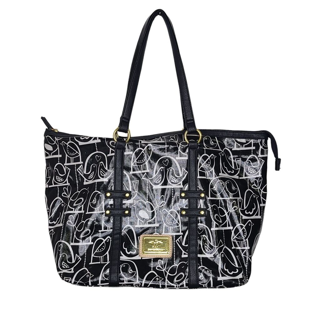 Sam & Hadley Large Shoulder Bag Black & White Birds‎ Vegan Leather Love Birds